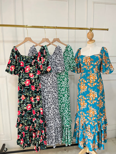 Summer Floral Puffer Sleeves Long Tiered Maxi Dress